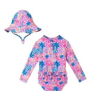 NWT ANDY & EVAN Infant Long Sleeve Rashguard & Hat Set, Floral Fun